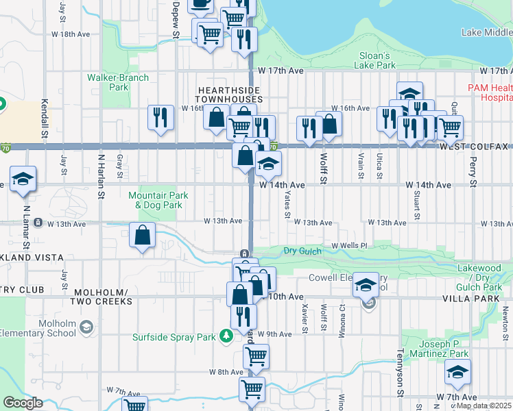map of restaurants, bars, coffee shops, grocery stores, and more near 1375 Zenobia Street in Denver