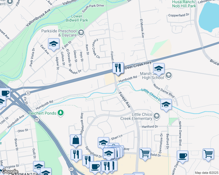 map of restaurants, bars, coffee shops, grocery stores, and more near 17 Hunter Court in Chico