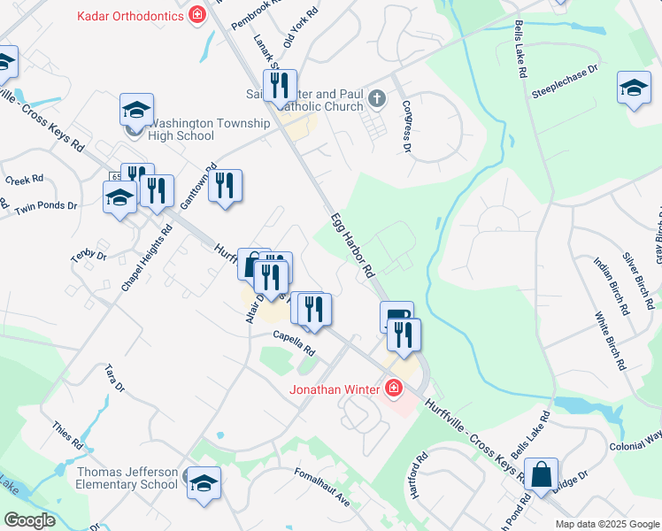map of restaurants, bars, coffee shops, grocery stores, and more near 535 Egg Harbor Road in Washington Township
