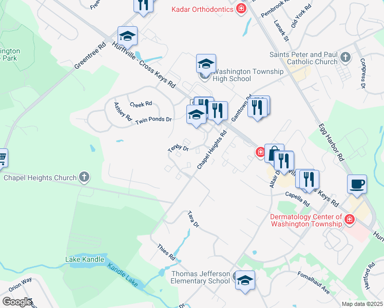 map of restaurants, bars, coffee shops, grocery stores, and more near 1 Windsor Court in Washington Township