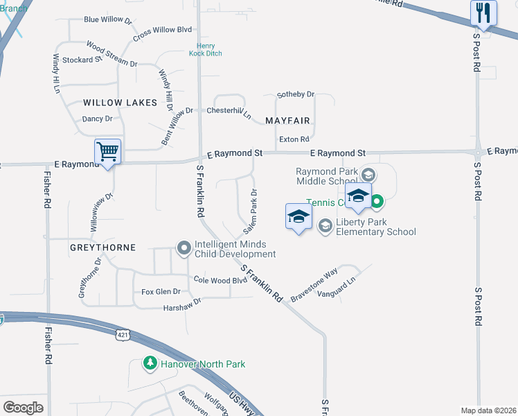 map of restaurants, bars, coffee shops, grocery stores, and more near 2283 Salem Park Drive in Indianapolis