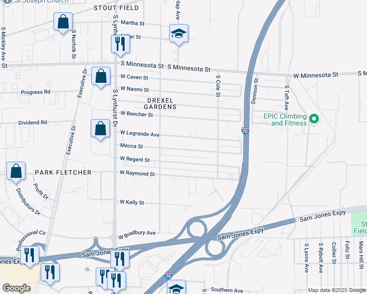 map of restaurants, bars, coffee shops, grocery stores, and more near 5001 West Legrande Avenue in Indianapolis