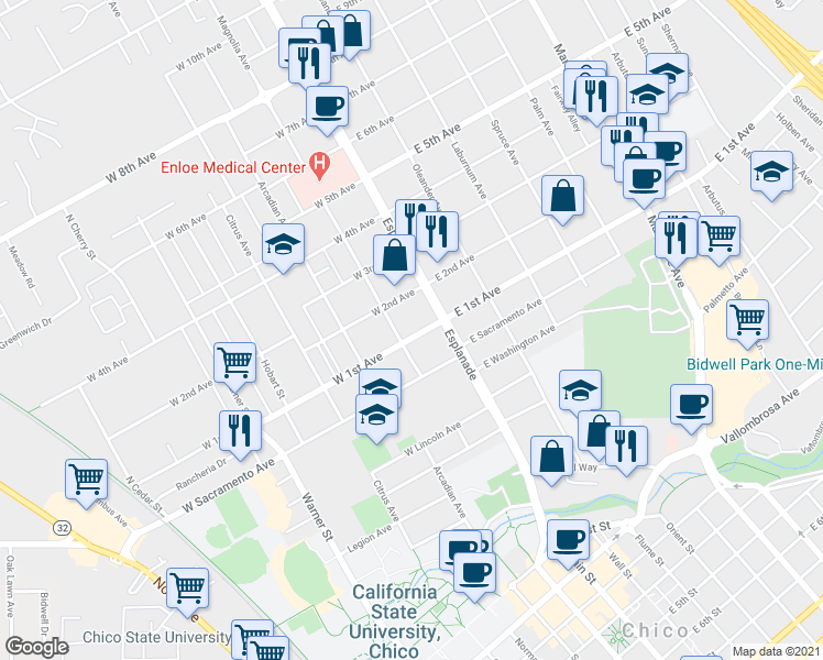 map of restaurants, bars, coffee shops, grocery stores, and more near 134 West 1st Avenue in Chico