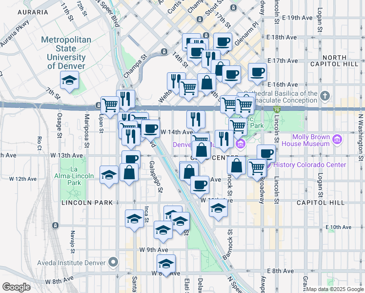 map of restaurants, bars, coffee shops, grocery stores, and more near 1370 Elati Street in Denver