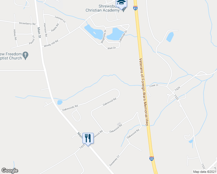 map of restaurants, bars, coffee shops, grocery stores, and more near 408 Oakwood Road in New Freedom