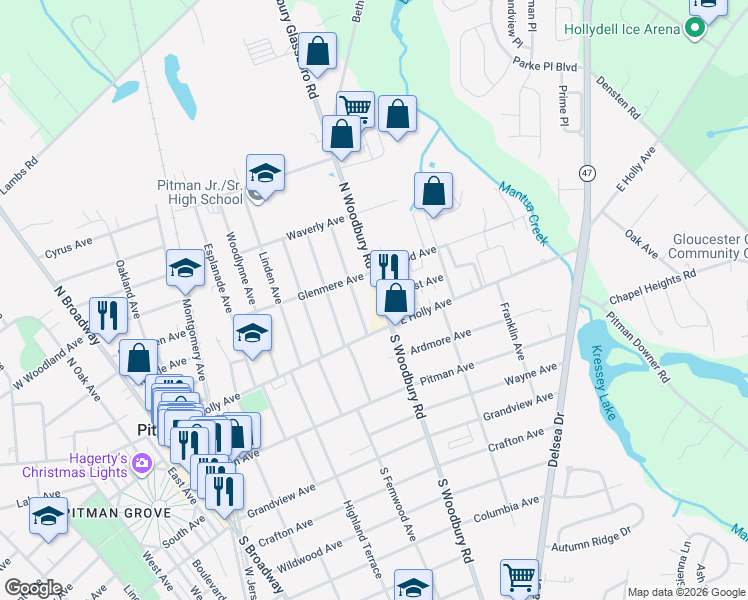 map of restaurants, bars, coffee shops, grocery stores, and more near 53 Magnolia Avenue in Pitman