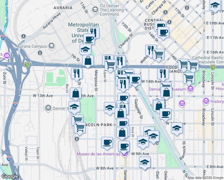 map of restaurants, bars, coffee shops, grocery stores, and more near 1362 Kalamath Street in Denver