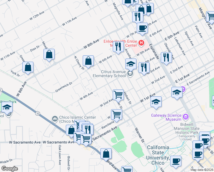 map of restaurants, bars, coffee shops, grocery stores, and more near 1267 Warner Street in Chico