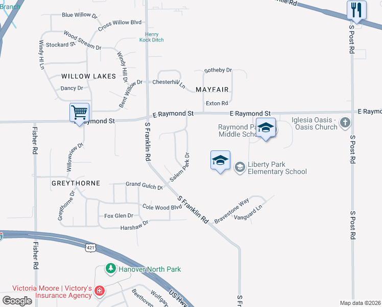 map of restaurants, bars, coffee shops, grocery stores, and more near 2283 Salem Park Drive in Indianapolis