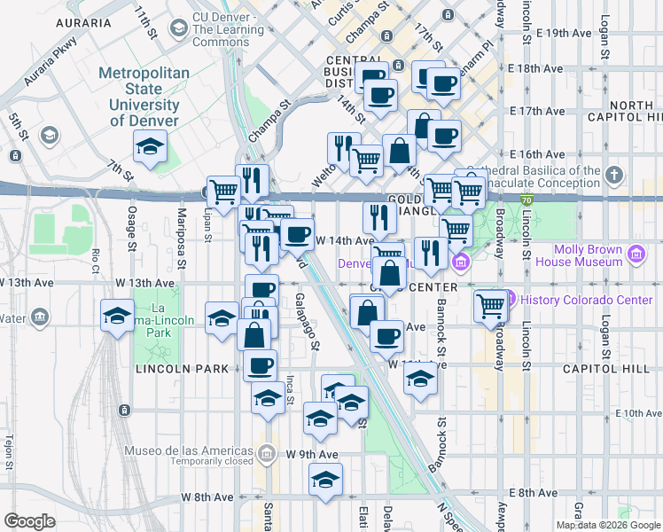 map of restaurants, bars, coffee shops, grocery stores, and more near 1350 Speer Boulevard in Denver