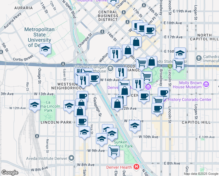 map of restaurants, bars, coffee shops, grocery stores, and more near 1330 Fox Street in Denver