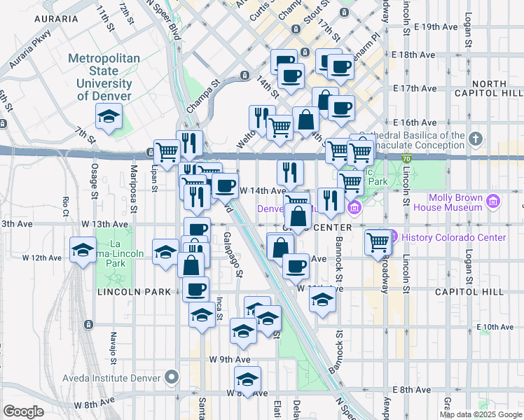 map of restaurants, bars, coffee shops, grocery stores, and more near 1330 Fox Street in Denver