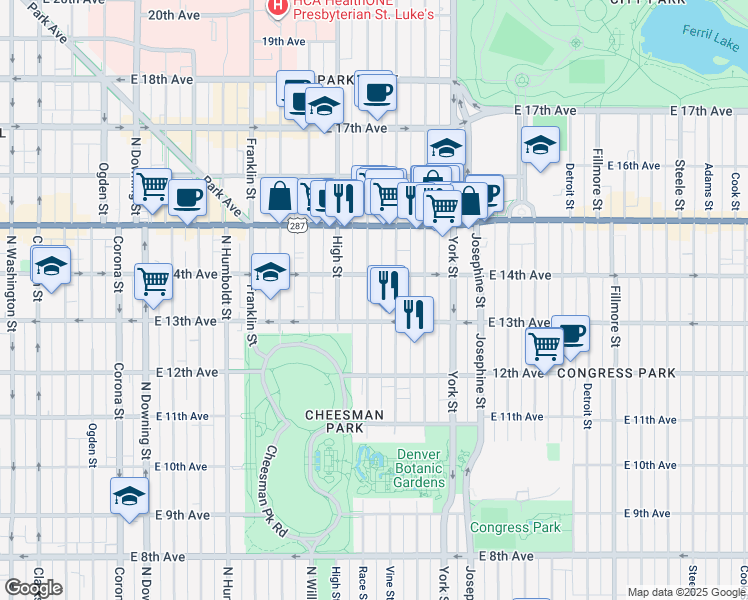 map of restaurants, bars, coffee shops, grocery stores, and more near in Denver