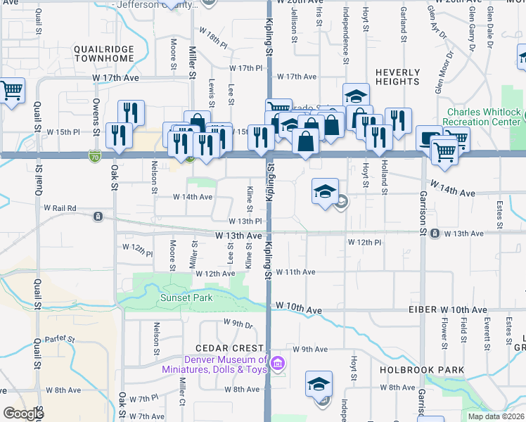 map of restaurants, bars, coffee shops, grocery stores, and more near 1350 Colorado 391 in Lakewood