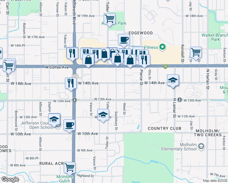 map of restaurants, bars, coffee shops, grocery stores, and more near 1390 Teller Street in Lakewood