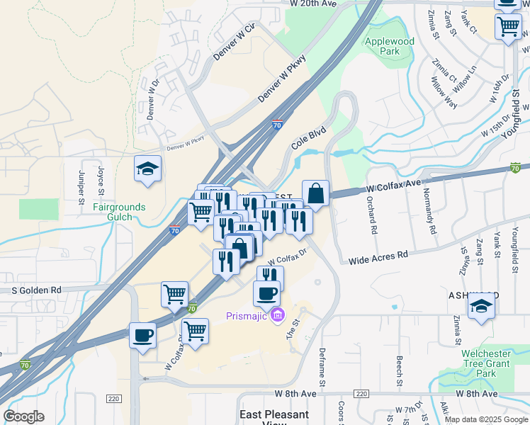 map of restaurants, bars, coffee shops, grocery stores, and more near 1726 Cole Boulevard in Lakewood