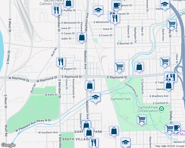 map of restaurants, bars, coffee shops, grocery stores, and more near 2153 Madison Avenue in Indianapolis