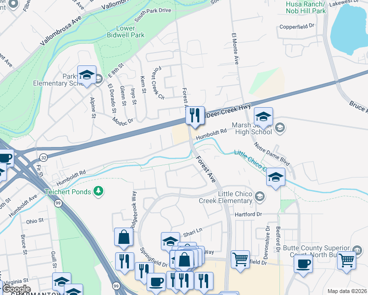 map of restaurants, bars, coffee shops, grocery stores, and more near in Chico