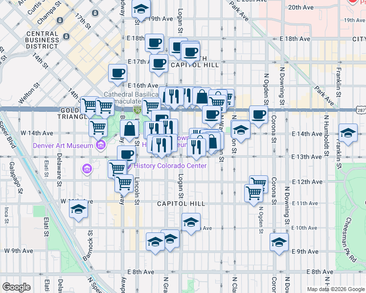 map of restaurants, bars, coffee shops, grocery stores, and more near 1390 Logan Street in Denver