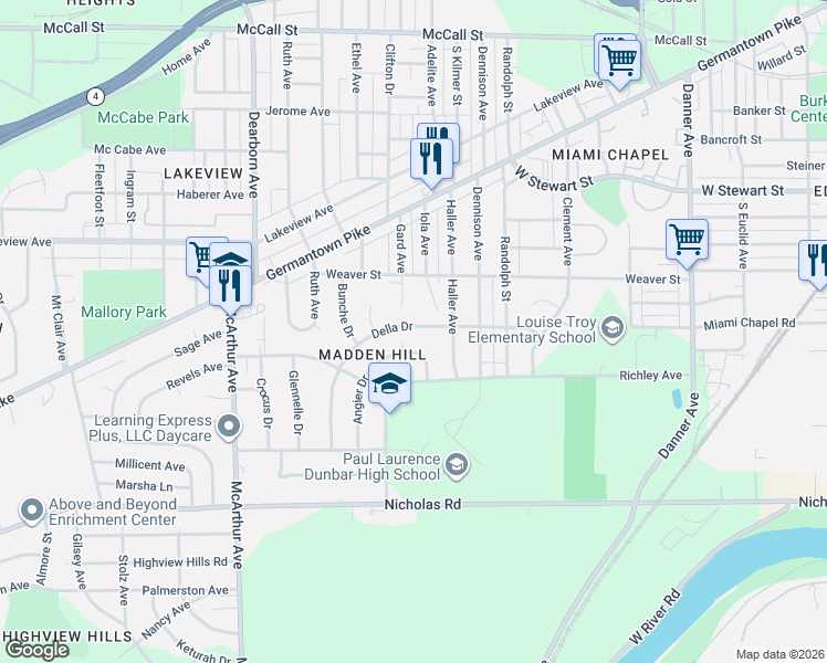 map of restaurants, bars, coffee shops, grocery stores, and more near 2125 Della Drive in Dayton