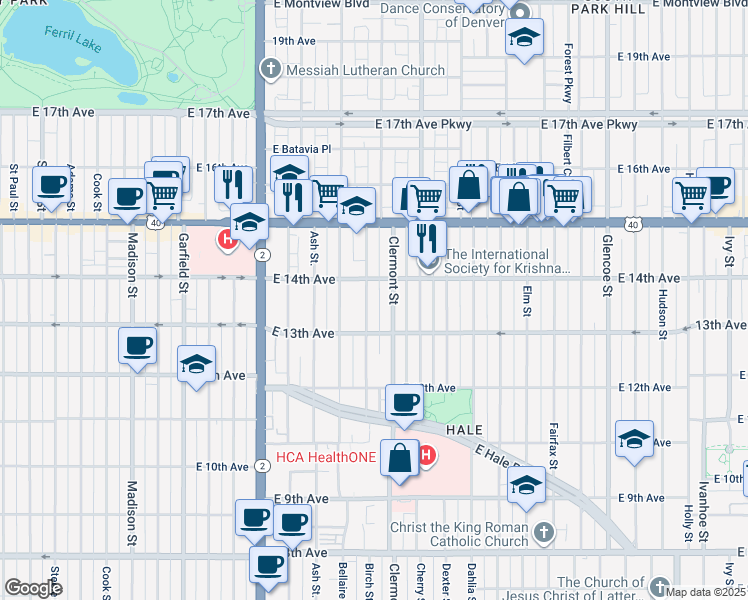 map of restaurants, bars, coffee shops, grocery stores, and more near 1360 Birch Street in Denver