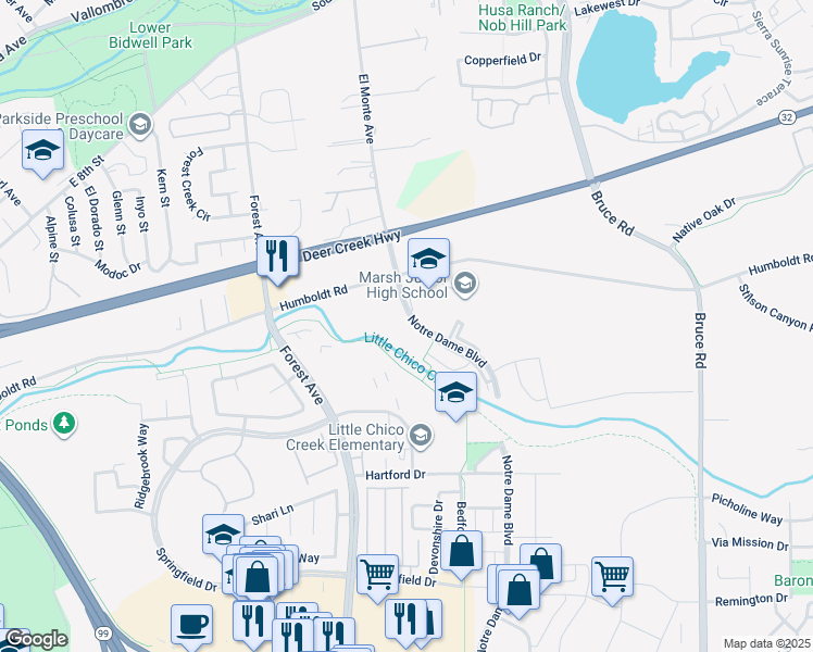 map of restaurants, bars, coffee shops, grocery stores, and more near 1250 Notre Dame Boulevard in Chico