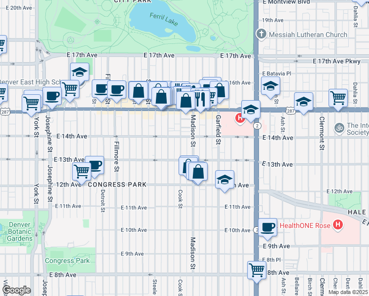 map of restaurants, bars, coffee shops, grocery stores, and more near 1340 Cook Street in Denver