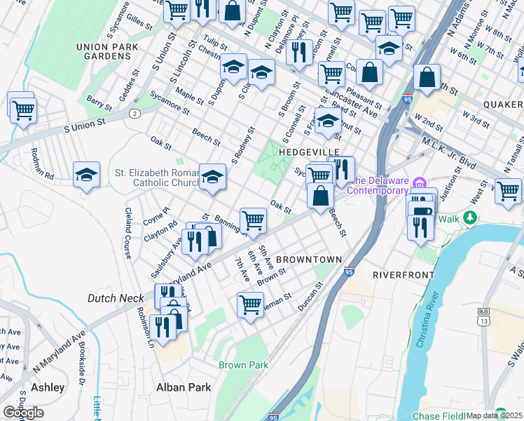map of restaurants, bars, coffee shops, grocery stores, and more near 810 South Broom Street in Wilmington