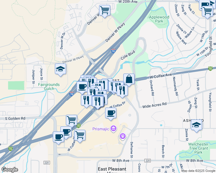 map of restaurants, bars, coffee shops, grocery stores, and more near 1726 Cole Boulevard in Lakewood