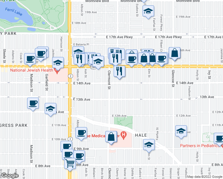 map of restaurants, bars, coffee shops, grocery stores, and more near 1385 Cherry Street in Denver