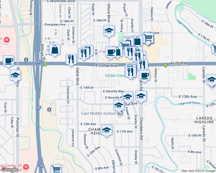 map of restaurants, bars, coffee shops, grocery stores, and more near 14753 East Security Way in Aurora