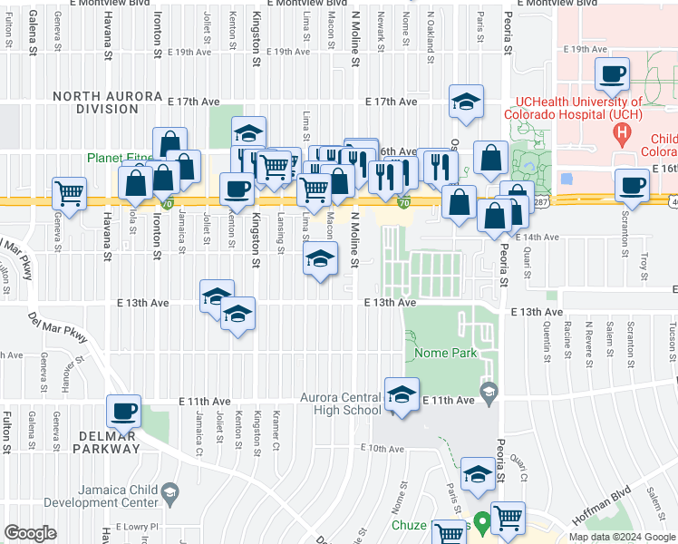 map of restaurants, bars, coffee shops, grocery stores, and more near 1383 Moline Street in Aurora