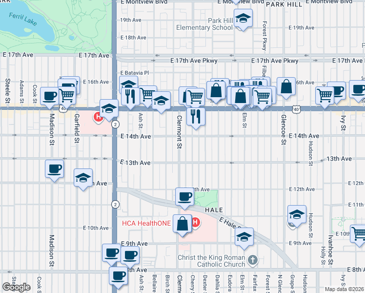 map of restaurants, bars, coffee shops, grocery stores, and more near 1385 Cherry Street in Denver