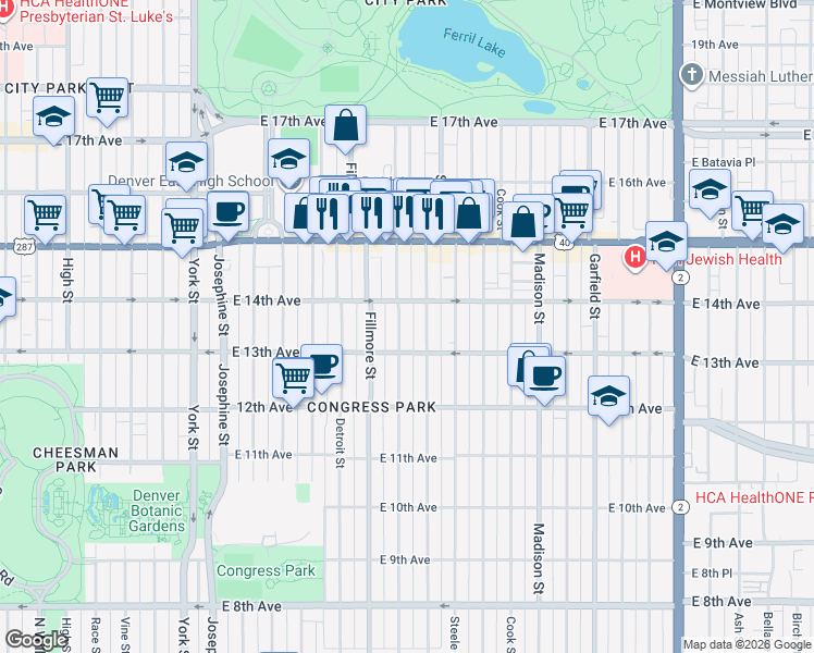 map of restaurants, bars, coffee shops, grocery stores, and more near 1363 Milwaukee Street in Denver