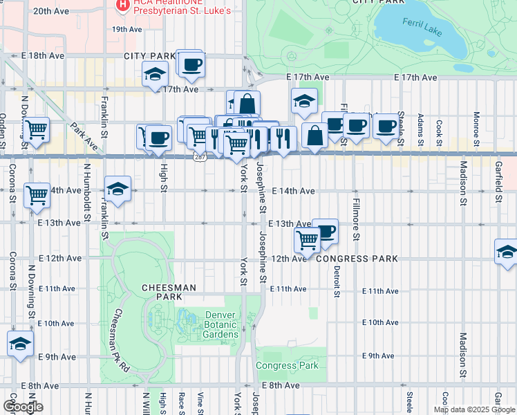 map of restaurants, bars, coffee shops, grocery stores, and more near 1364 York Street in Denver
