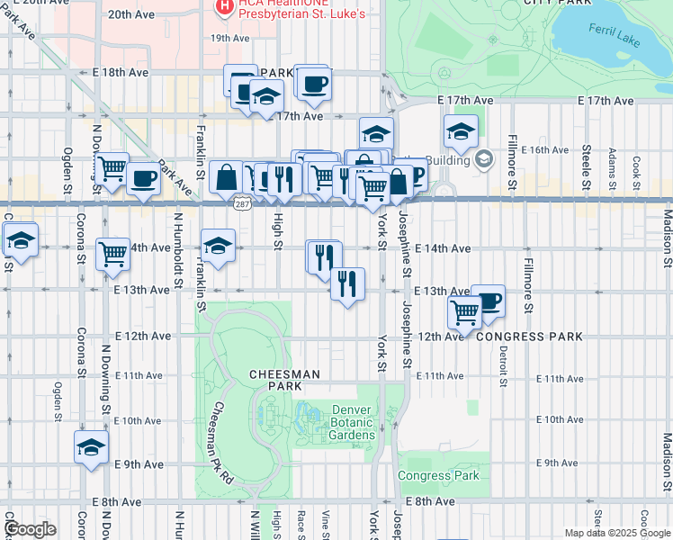 map of restaurants, bars, coffee shops, grocery stores, and more near in Denver