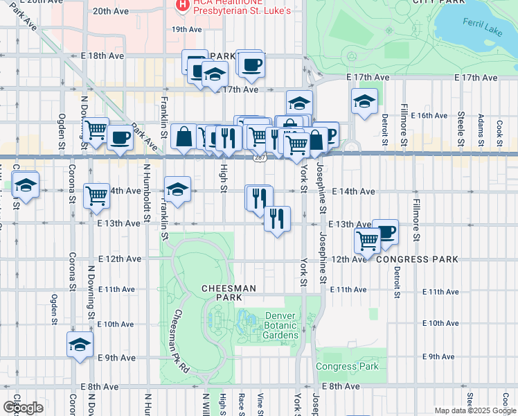 map of restaurants, bars, coffee shops, grocery stores, and more near in Denver