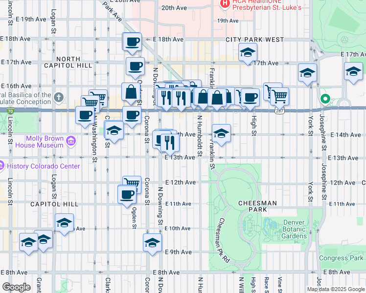 map of restaurants, bars, coffee shops, grocery stores, and more near 1362 North Marion Street in Denver