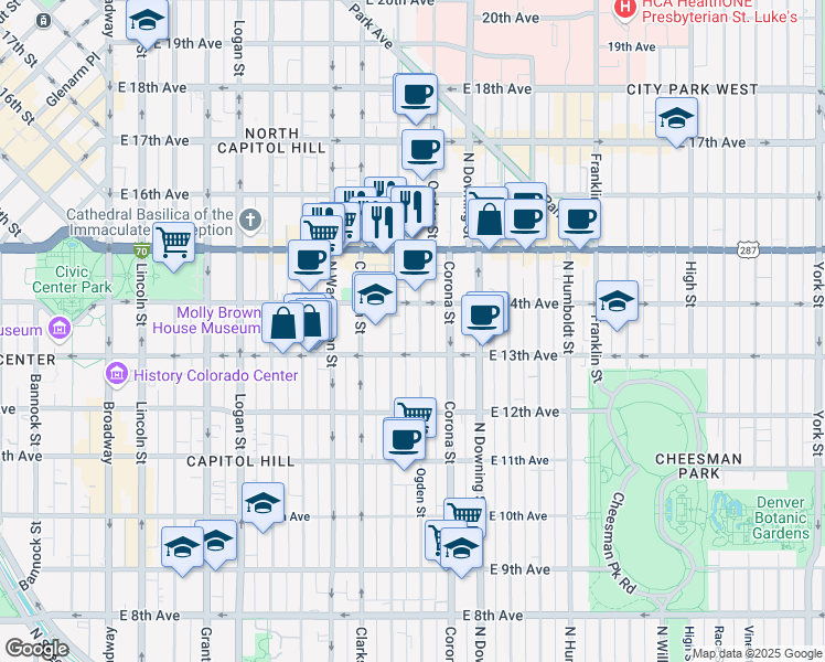 map of restaurants, bars, coffee shops, grocery stores, and more near 700 Colorado Boulevard in Denver