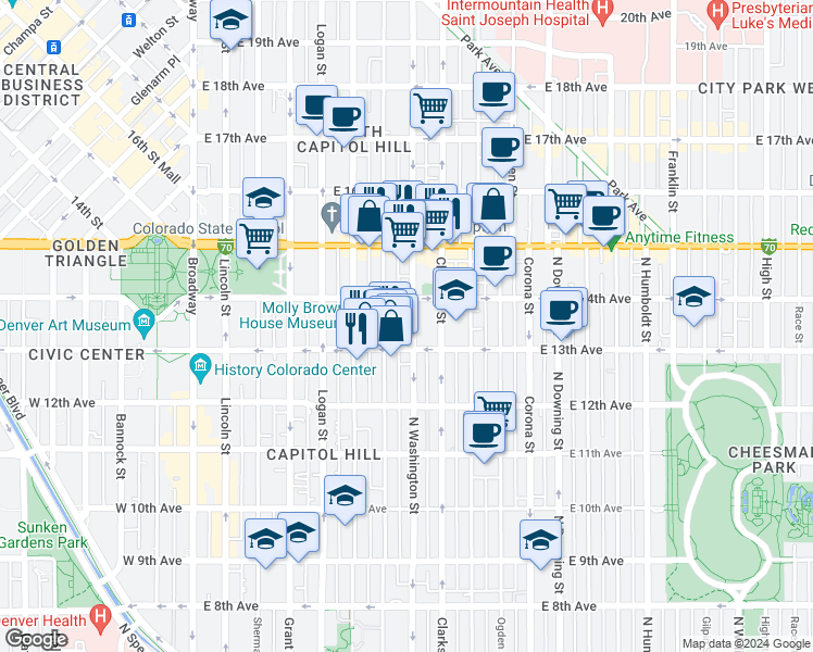map of restaurants, bars, coffee shops, grocery stores, and more near 1365 North Washington Street in Denver