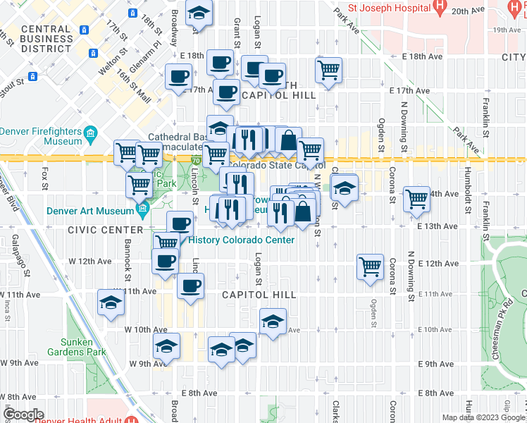 map of restaurants, bars, coffee shops, grocery stores, and more near 1390 Logan Street in Denver