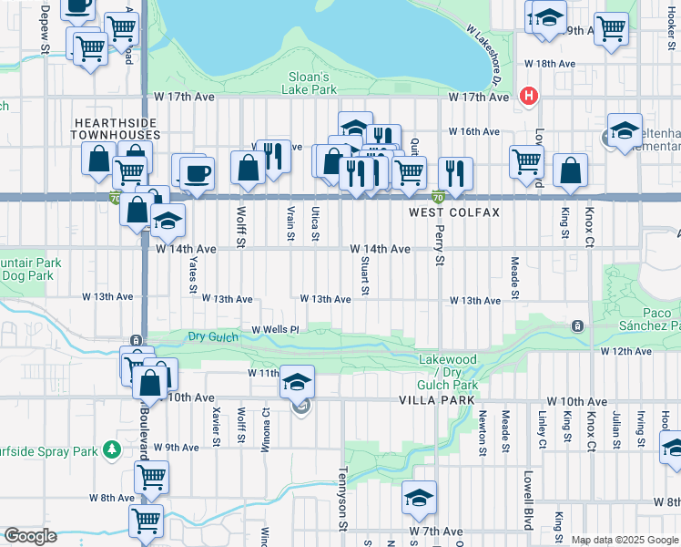 map of restaurants, bars, coffee shops, grocery stores, and more near 1378 Tennyson Street in Denver