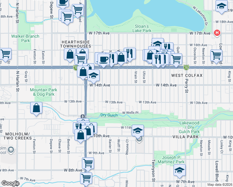 map of restaurants, bars, coffee shops, grocery stores, and more near 1376 Xavier Street in Denver