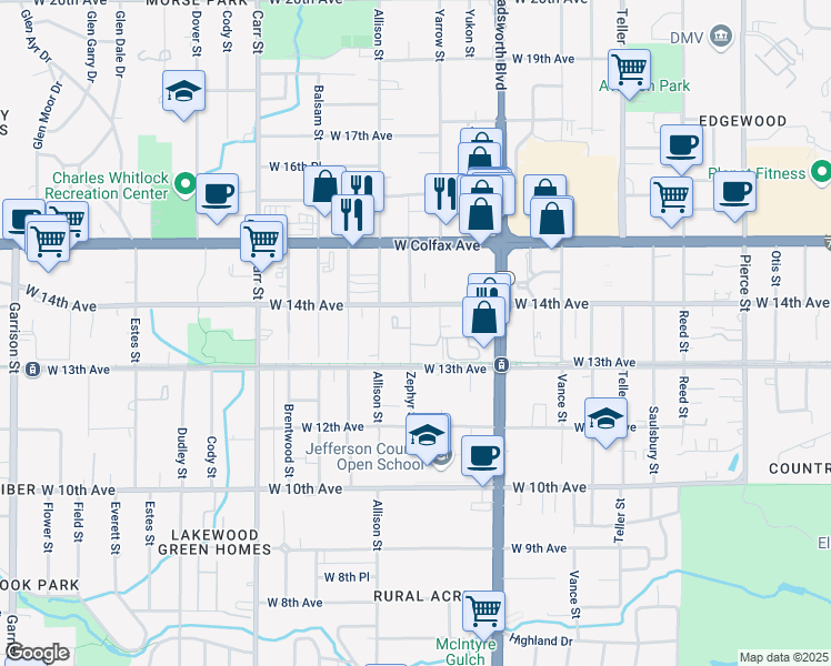 map of restaurants, bars, coffee shops, grocery stores, and more near 1375 Yarrow Street in Lakewood