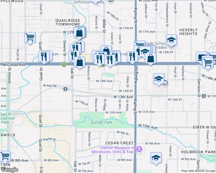 map of restaurants, bars, coffee shops, grocery stores, and more near 10370 West 14th Avenue in Lakewood