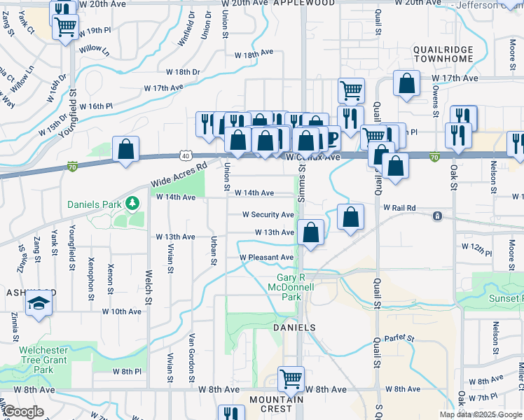map of restaurants, bars, coffee shops, grocery stores, and more near 11770 West 14th Avenue in Lakewood