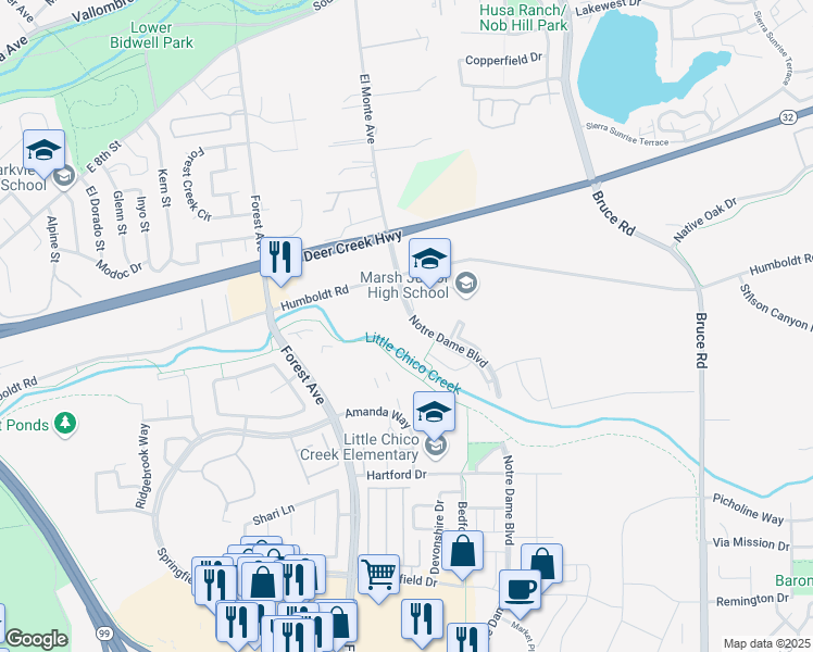 map of restaurants, bars, coffee shops, grocery stores, and more near 30 Notre Dame Boulevard in Chico