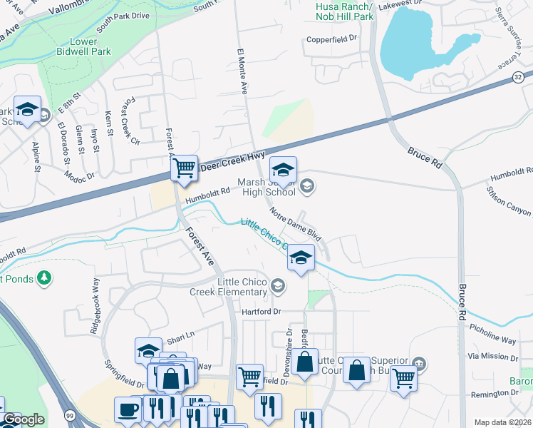 map of restaurants, bars, coffee shops, grocery stores, and more near Chico Bike Path in Chico