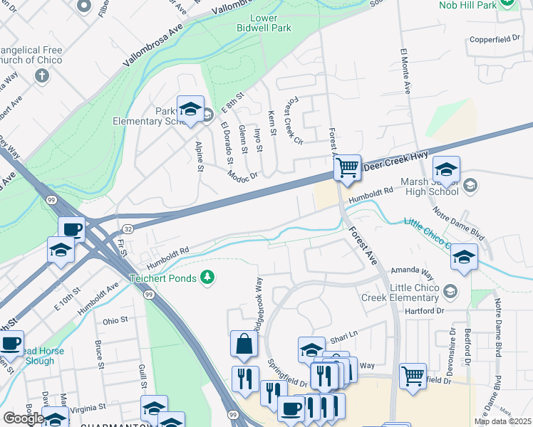 map of restaurants, bars, coffee shops, grocery stores, and more near 1850 Humboldt Road in Chico