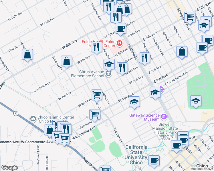 map of restaurants, bars, coffee shops, grocery stores, and more near 1261A Citrus Avenue in Chico